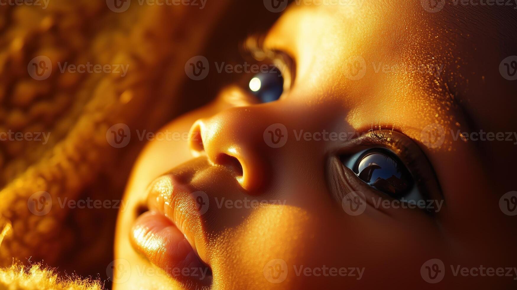 Happy baby smiling against a warm, golden bokeh background, creating a soft and joyful atmosphere. photo