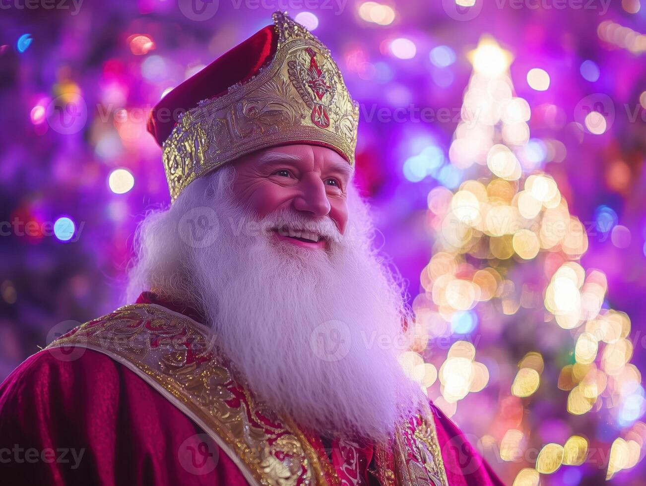 A joyful Saint Nicholas with a long white beard, dressed in a golden robe with red trim, standing in front of a brightly lit Christmas tree, set against a festive purple background. photo