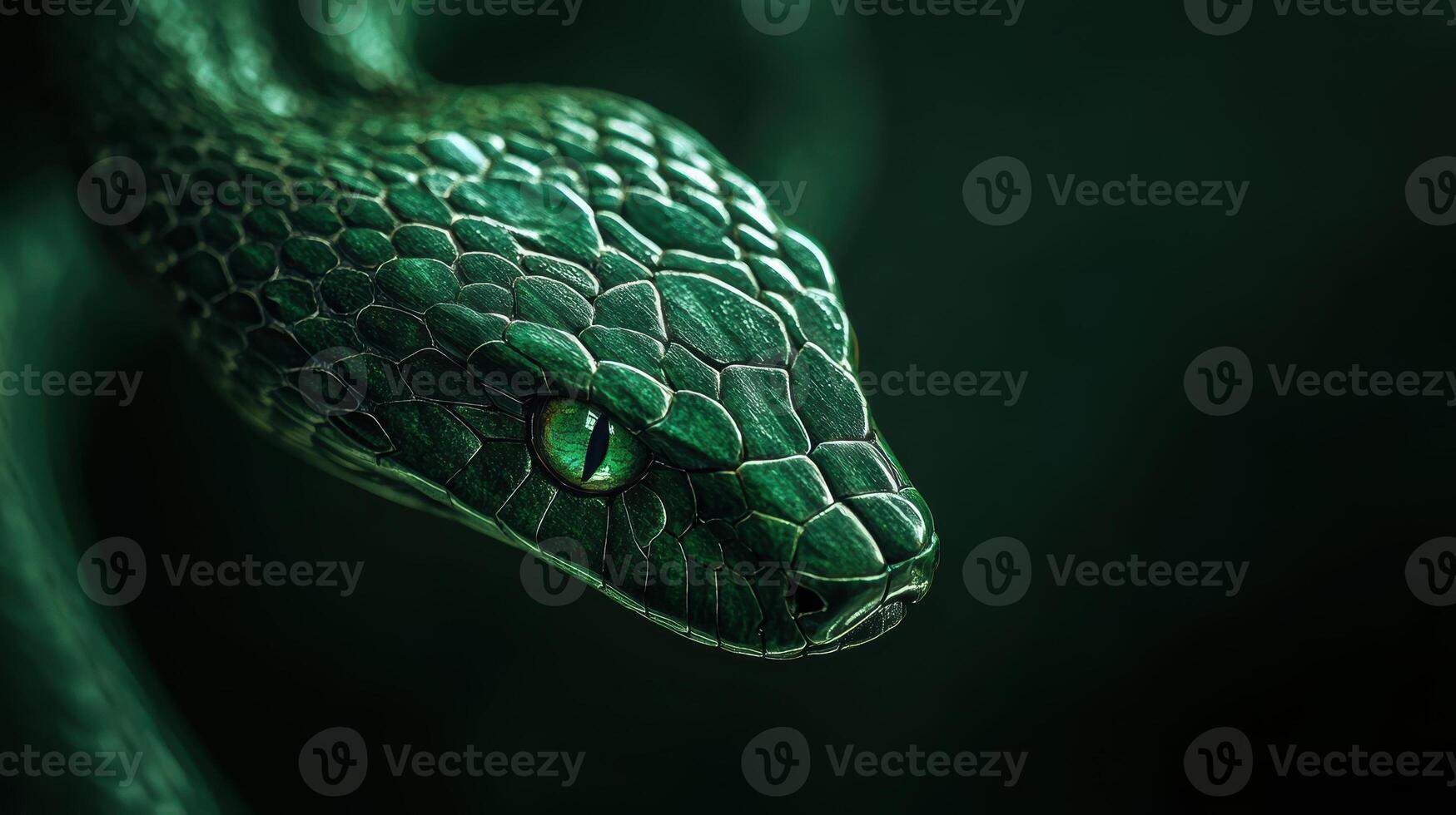 Intricately carved green snake with bright emerald eyes, symbolizing 2025. photo