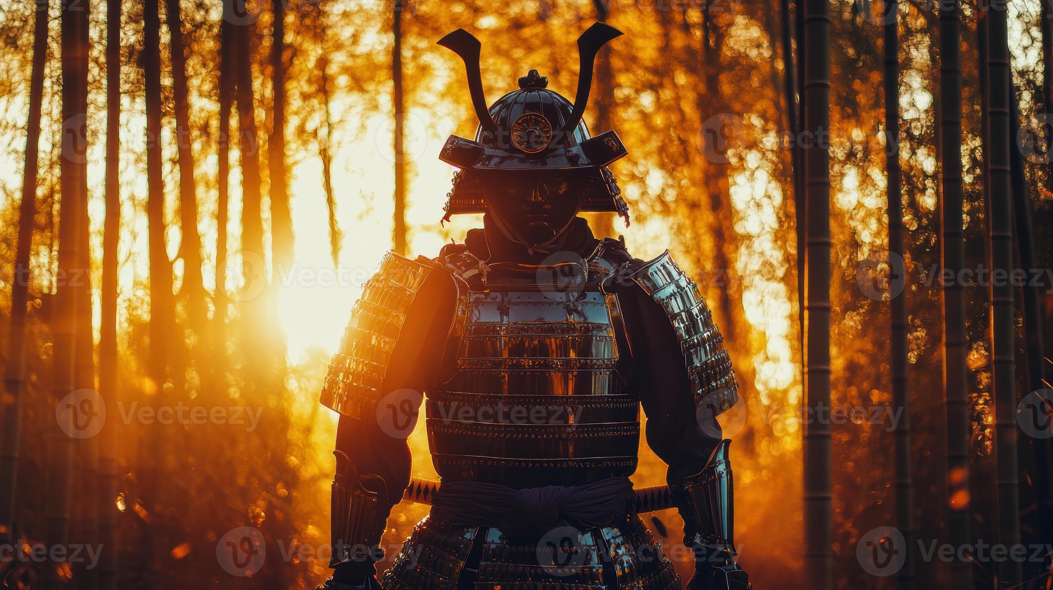 A focused samurai warrior in traditional armor stands in front of a ...