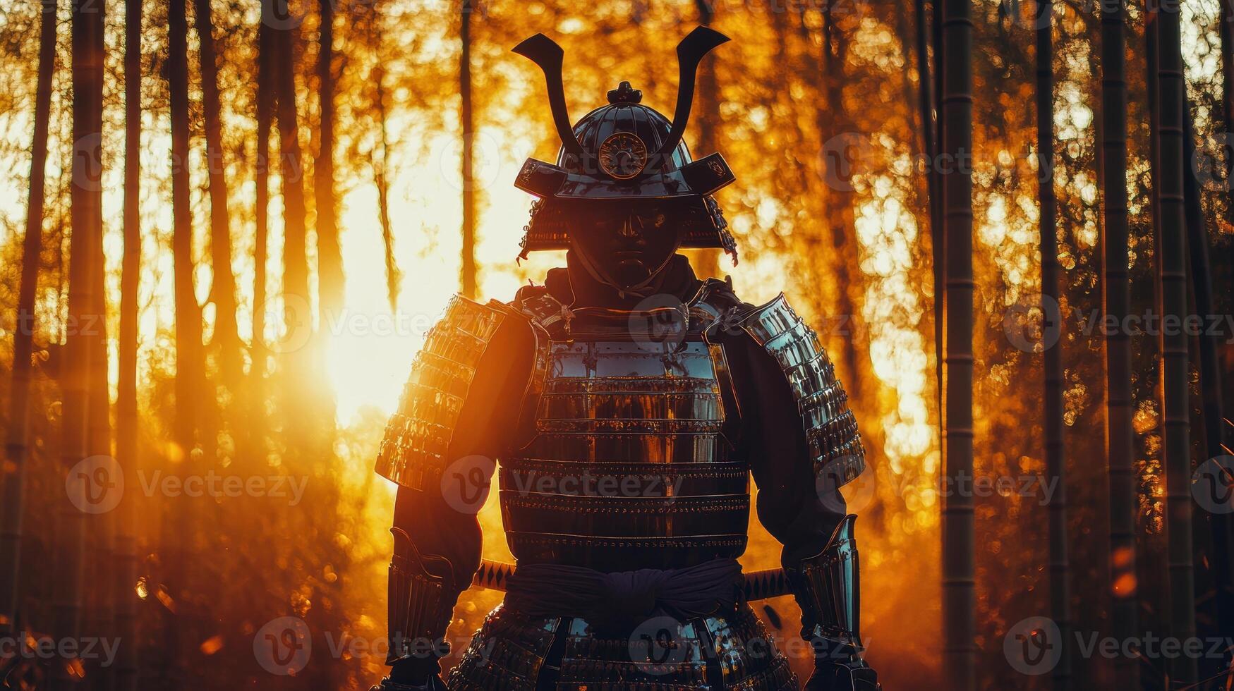 A focused samurai warrior in traditional armor stands in front of a glowing sunset, symbolizing honor, strength, and resilience. photo