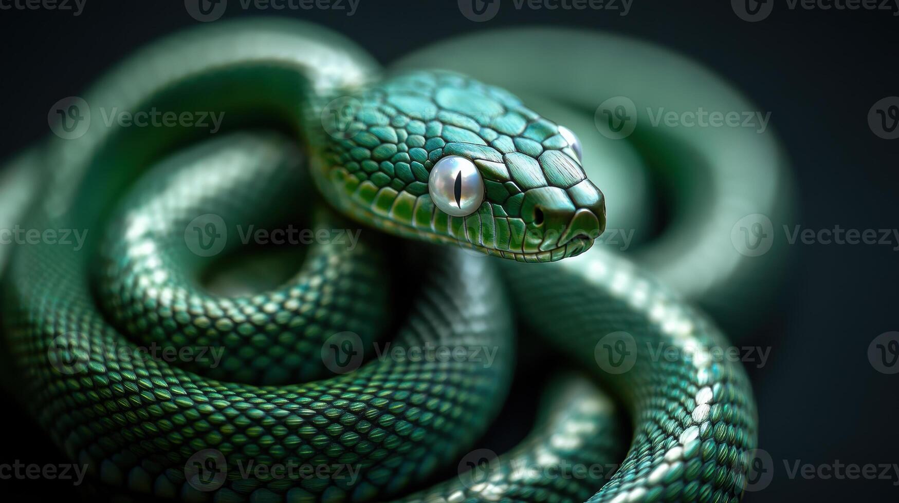 Green wooden snake with intricate design and pearlescent eyes, capturing attention. photo