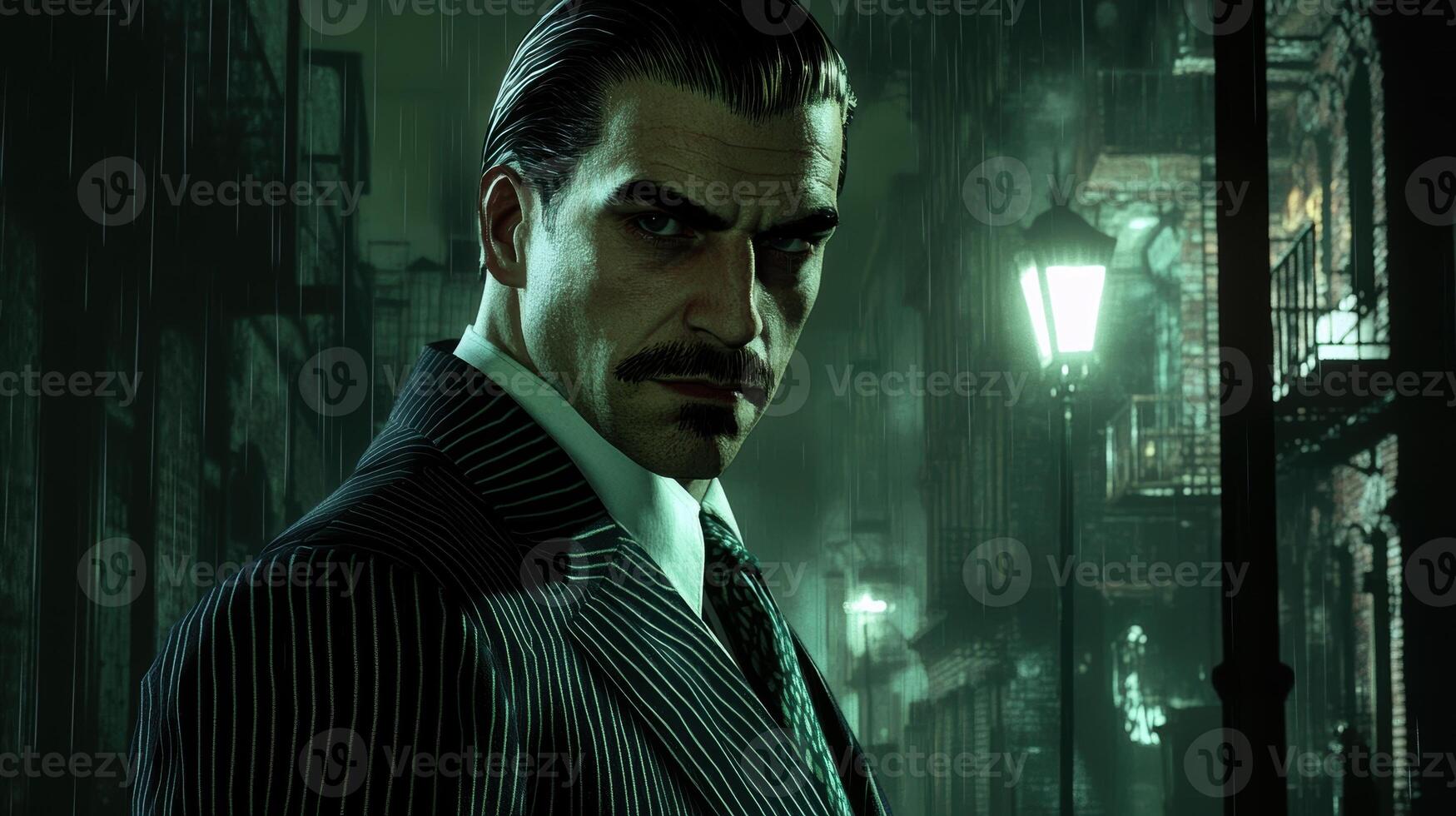 A stern-looking man in a pinstripe suit stands in a dimly lit, foggy alley at night, evoking a noir atmosphere. photo