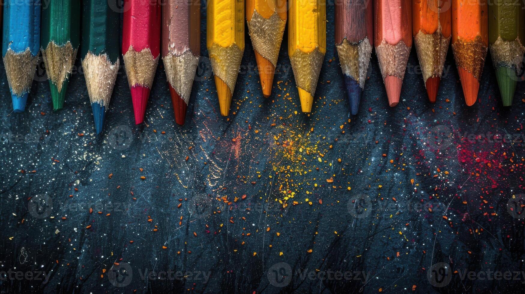 A Symphony of Color Worn Colored Pencils Resting on a Dusty Blue Surface photo