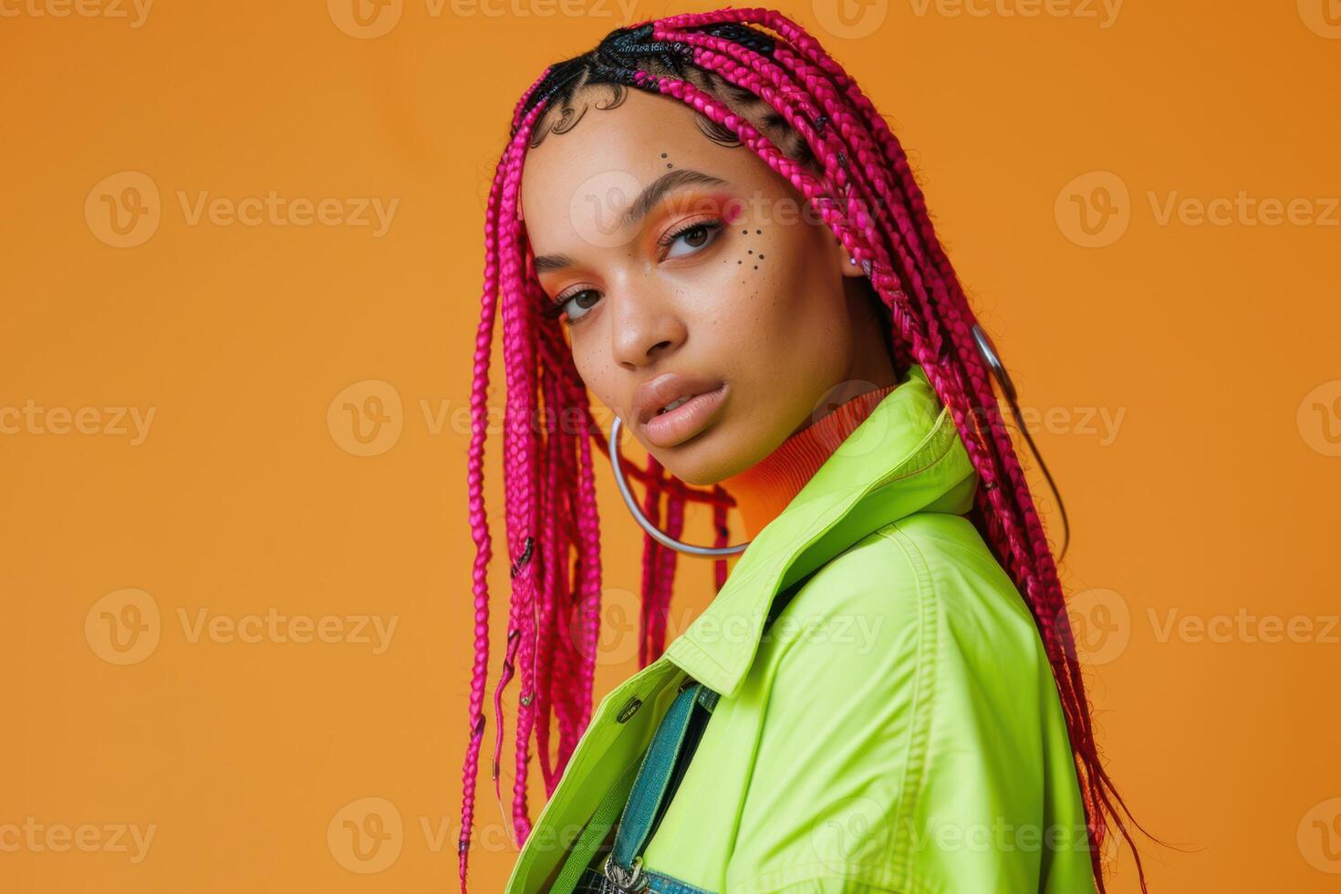 A Studio Portrait of a Fashionable Woman Showcasing Pink Braided Hair and Elegant Style photo