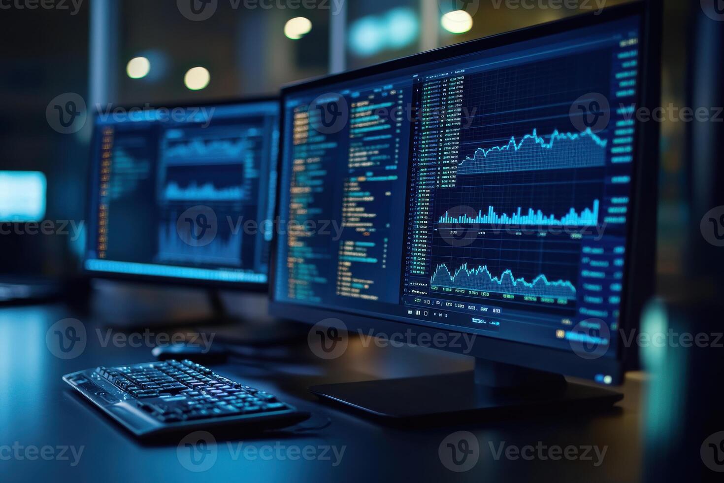 Analyzing real-time data trends in a modern workspace photo