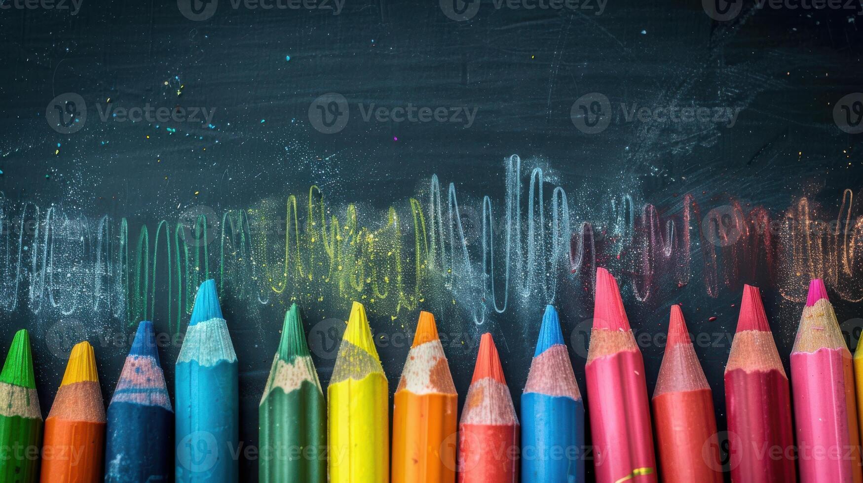 A Row Of Colorful Pencils On A Chalkboard photo
