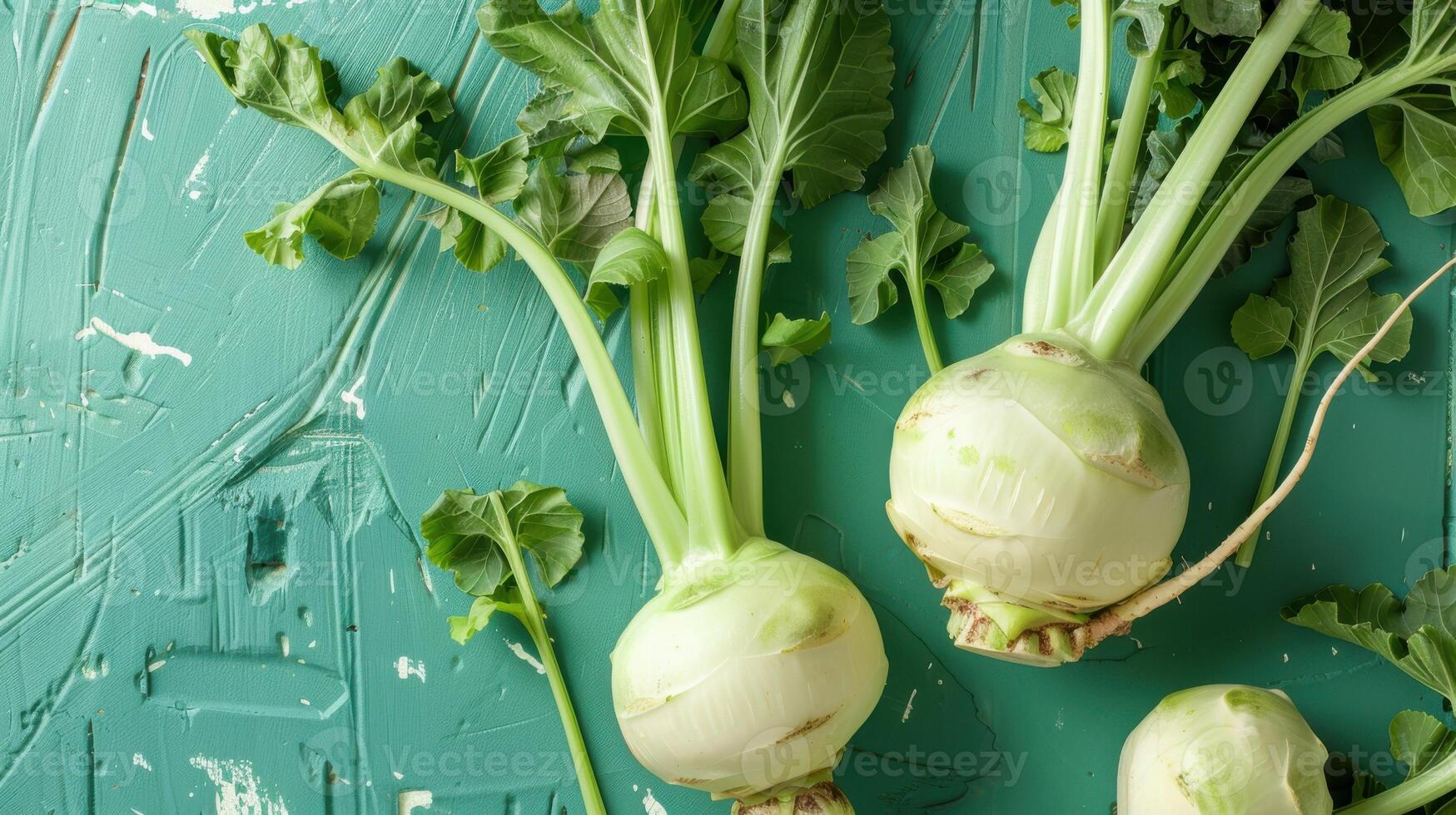 Freshly Harvested Kohlrabi Bulbs With Delicate Green Foliage on a Textured Turquoise Surface photo