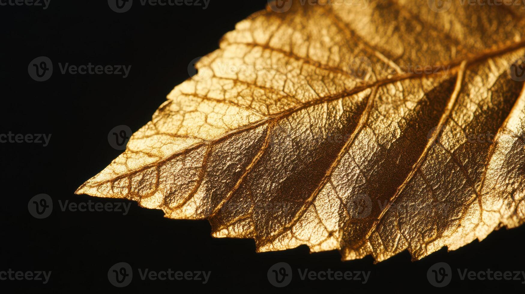 Close up view of a single gold leaf against a dark backdrop. photo