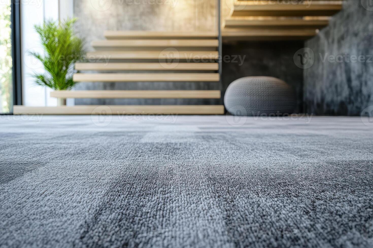 Modern interior design featuring textured carpet and staircase photo