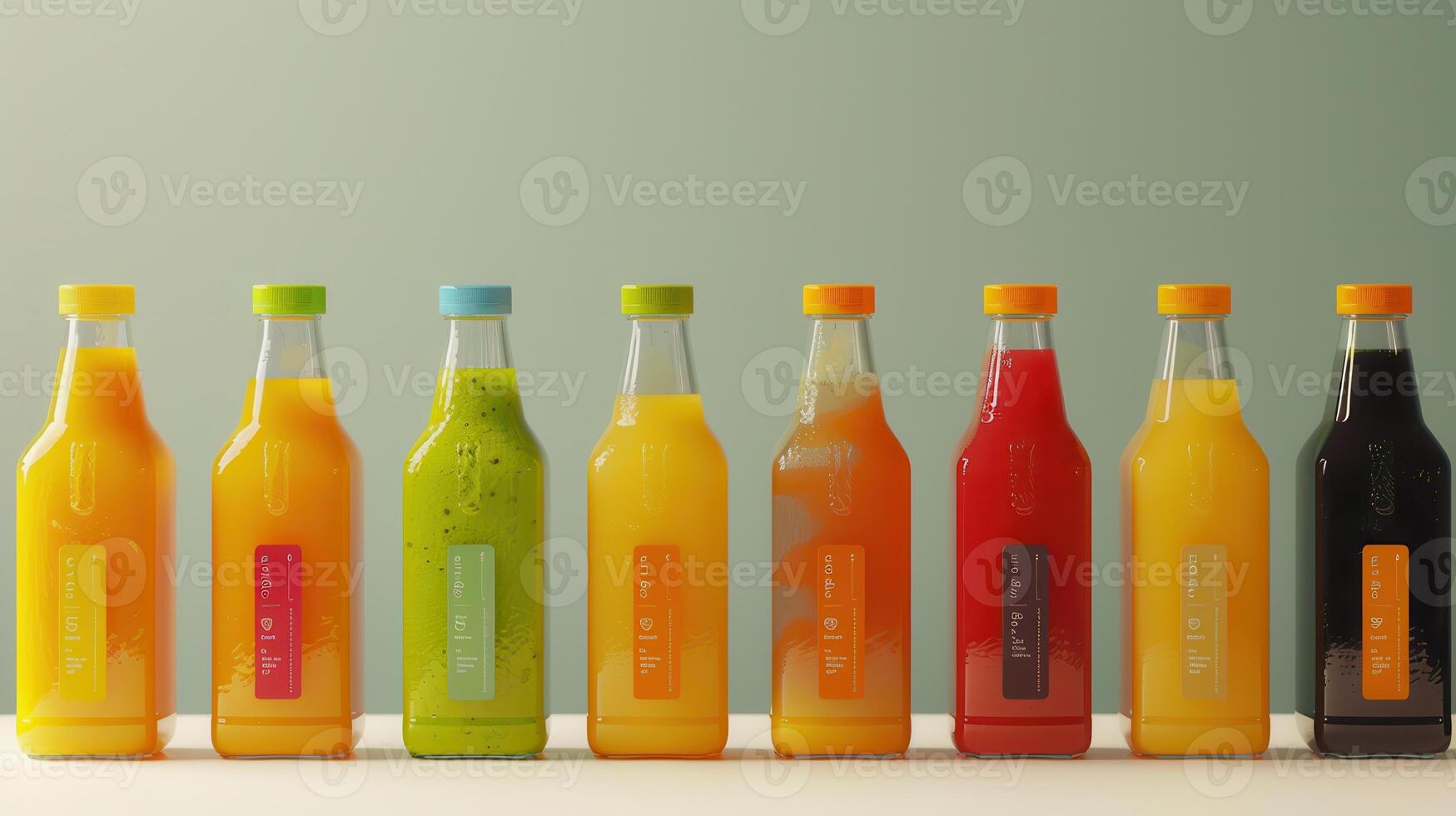 A Row of Colorful Glass Bottles Filled With Refreshing Beverages photo