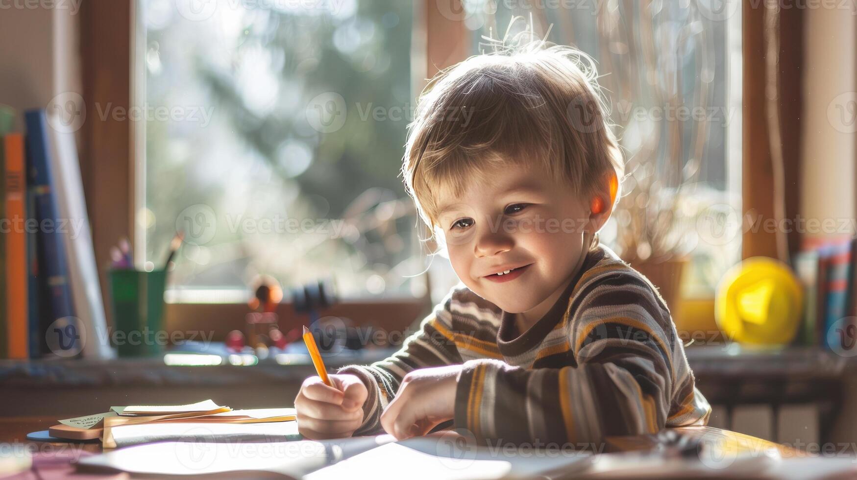 A Young Boy's Focused Determination While Drawing at a Window Seat photo