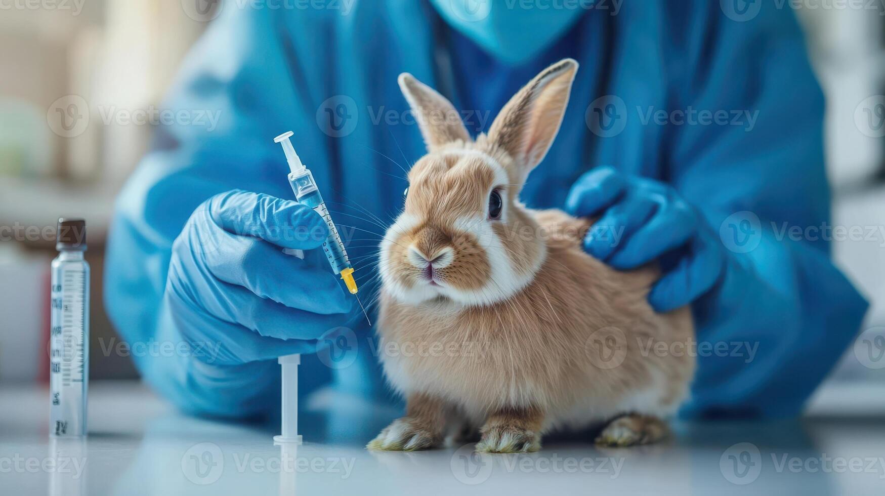 Veterinarian giving an injection to a rabbit using a syringe. photo