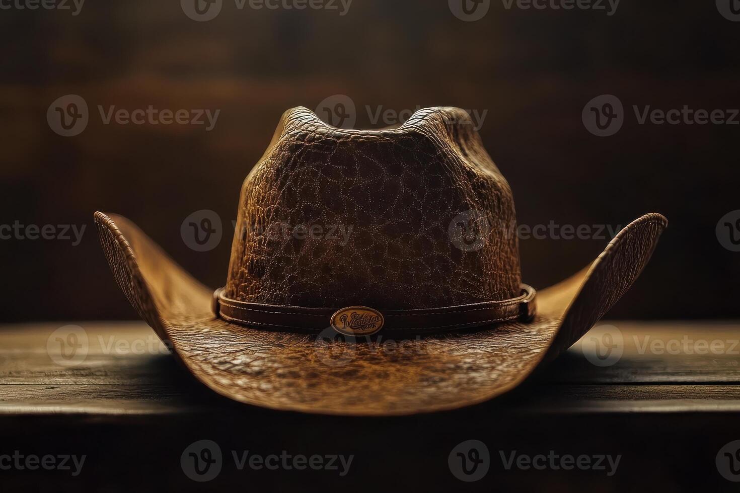 Rustic cowboy hat resting on wooden surface indoors photo