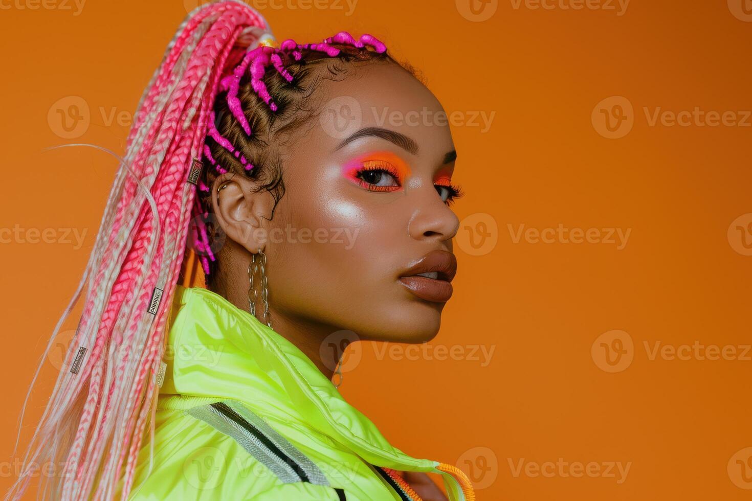 Capturing the Modern Elegance of a Woman with Pink Braided Hair in a High-Fashion Studio Portrait photo
