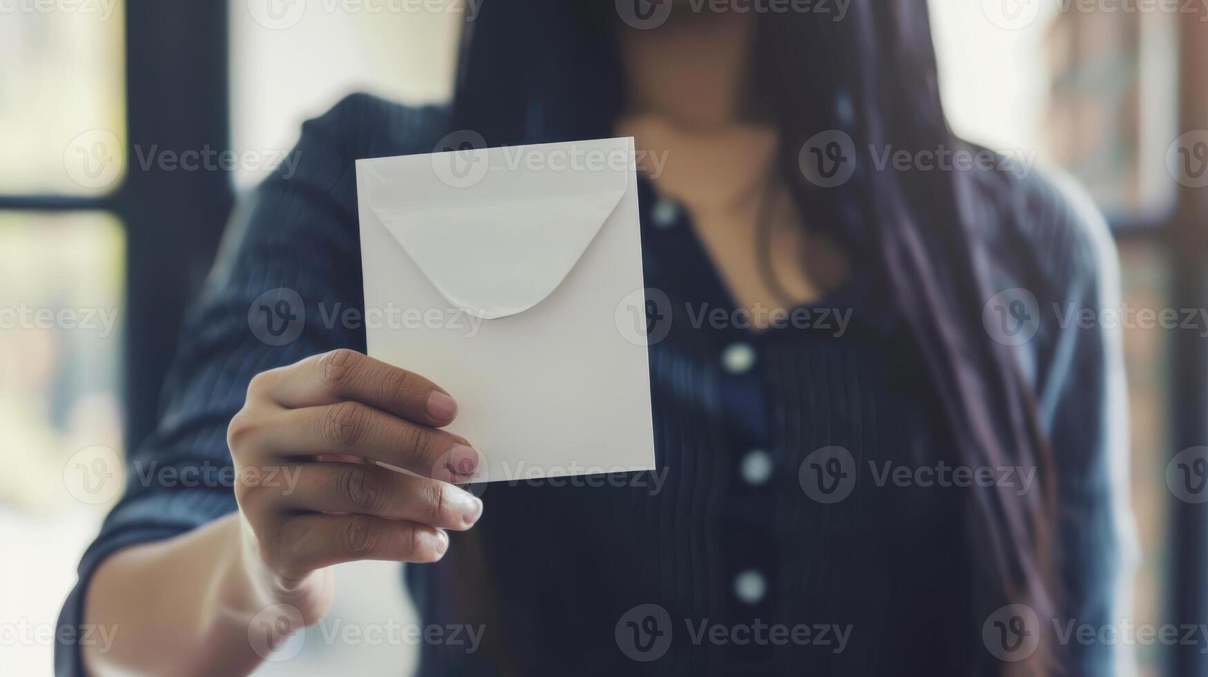 A Woman Holding a Blank Envelope Near a Window on a Sunny Day photo