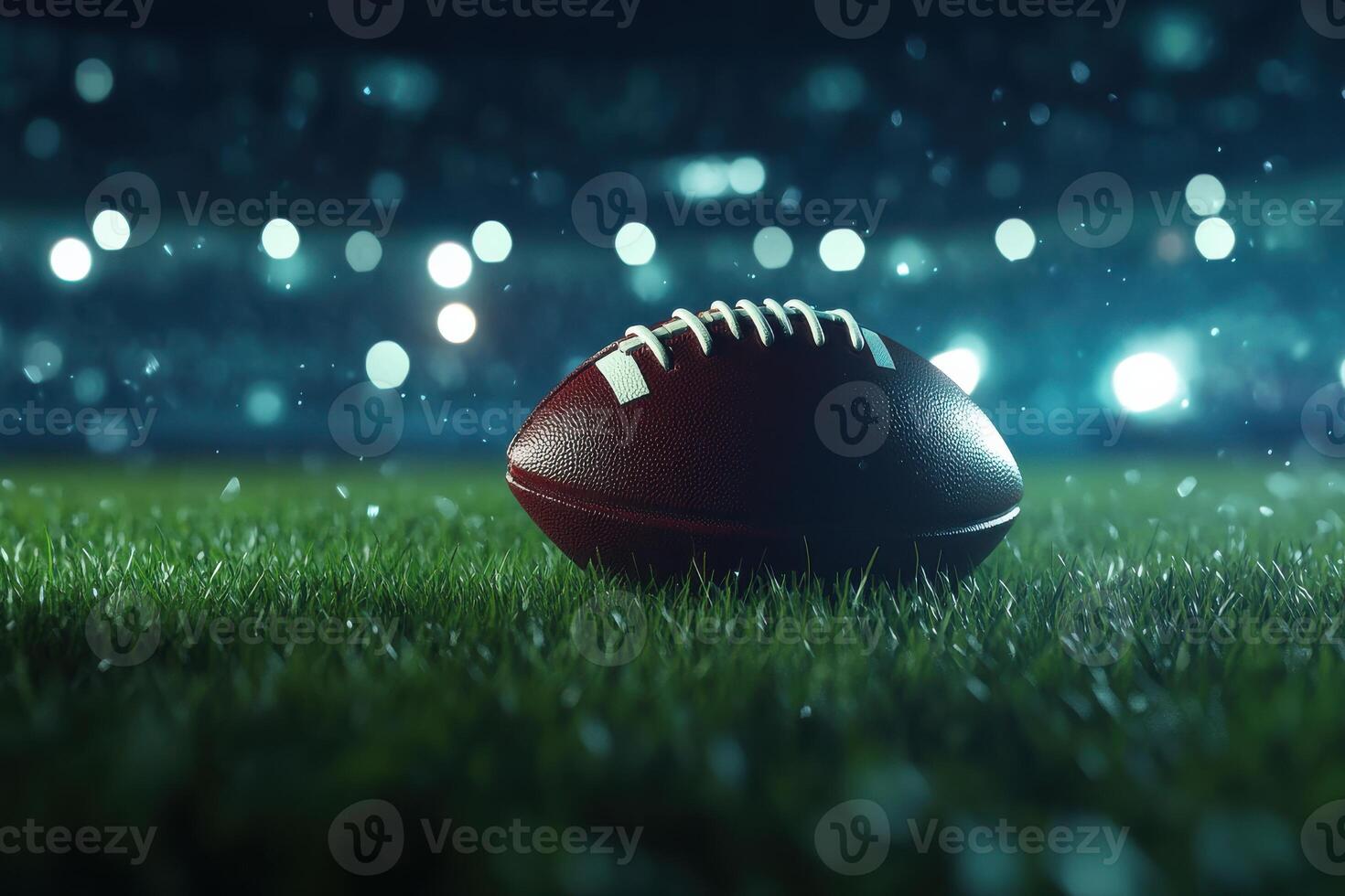 A close-up of a football resting on fresh grass at night photo