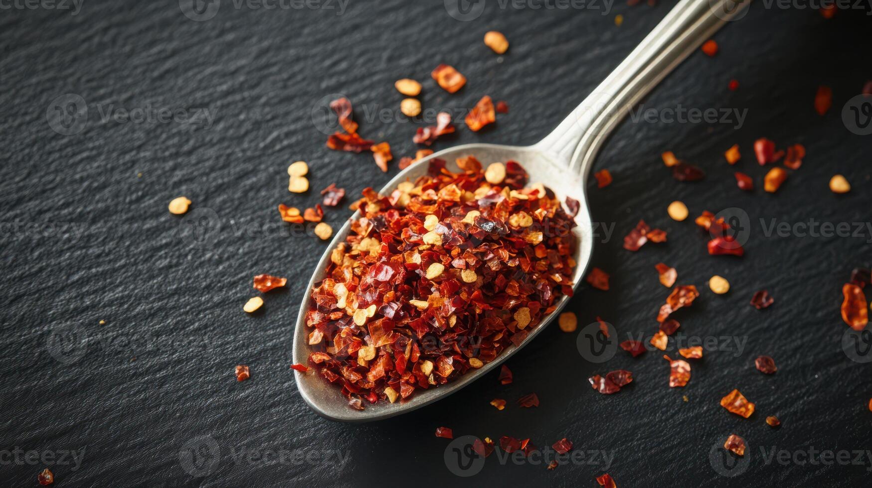 A spoonful of crushed red chili flakes placed on a dark table surface. photo