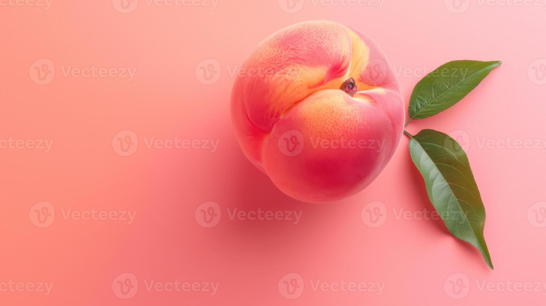 A Single Peach and Two Leaves on a Coral Pink Background photo