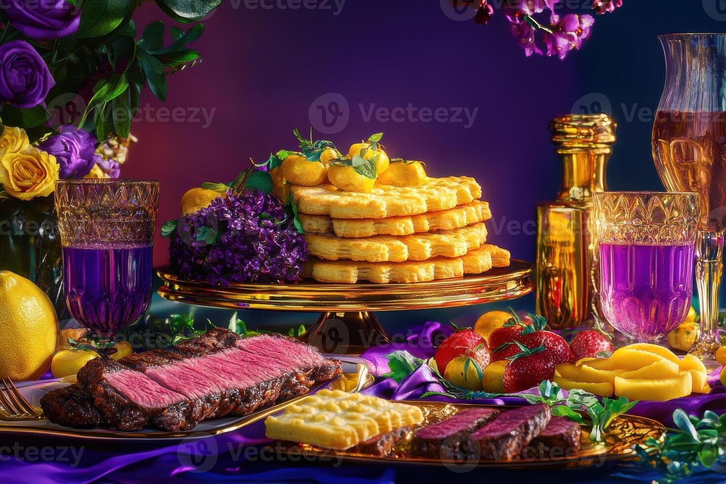 Lavish dinner spread with colorful delicacies at sunset photo