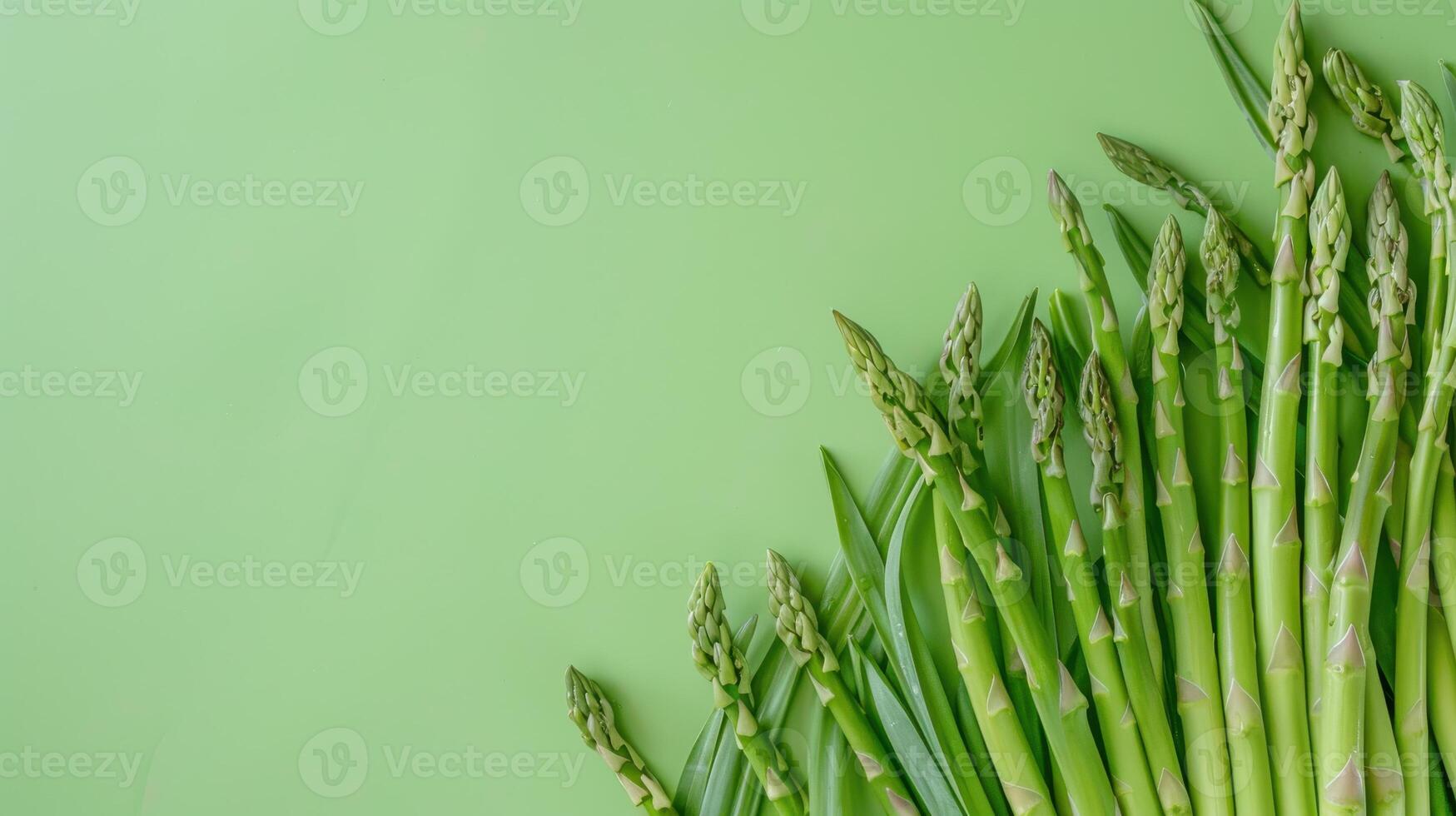 Fresh Asparagus Stalks Arranged in a Fan Shape on a Green Background photo