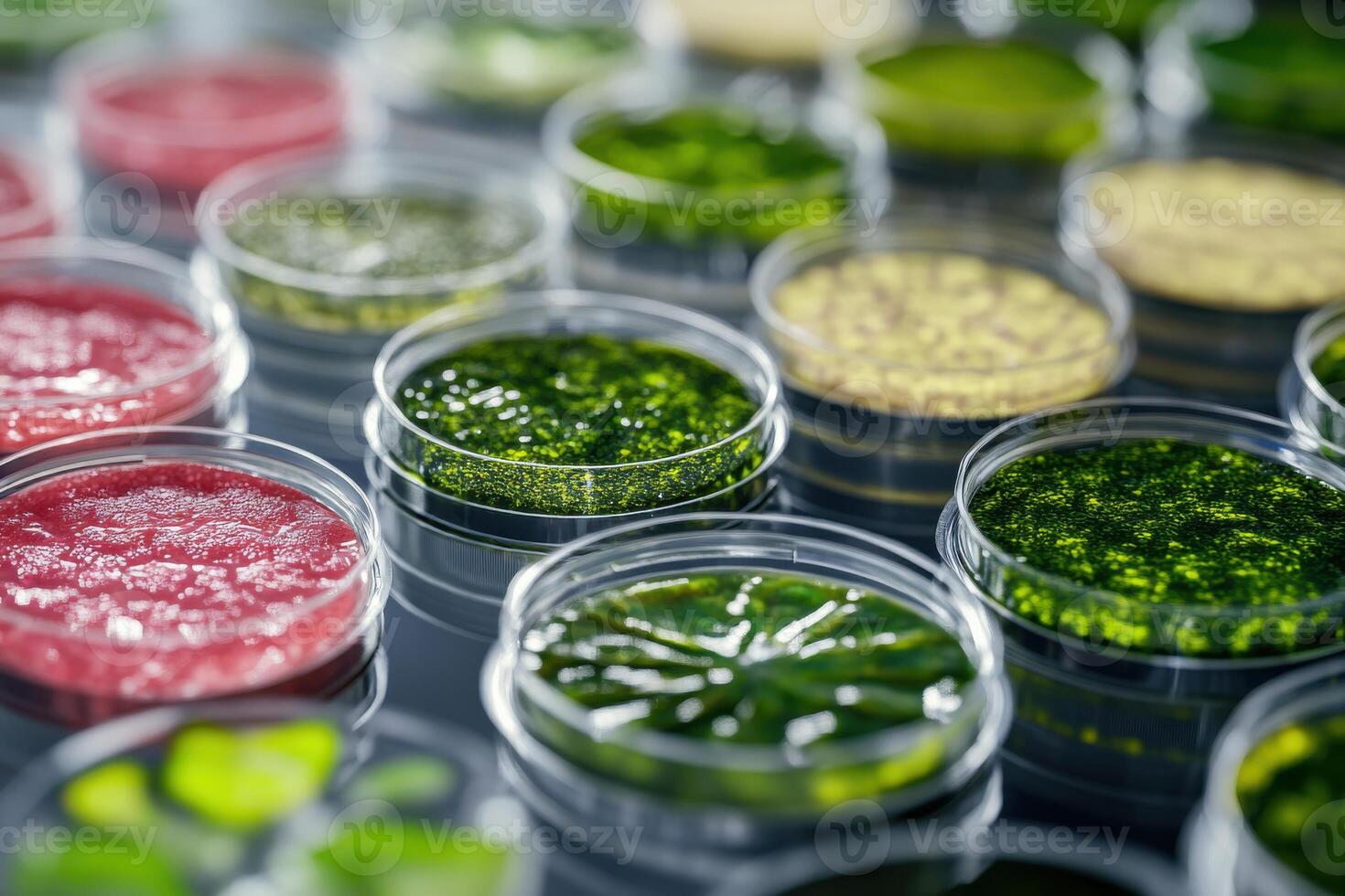 Colorful algae samples displayed in petri dishes at a lab photo