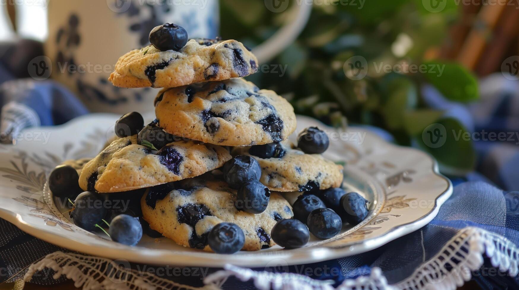 A Stack of Blueberry Cookies on a White Plate With Blue Accents photo
