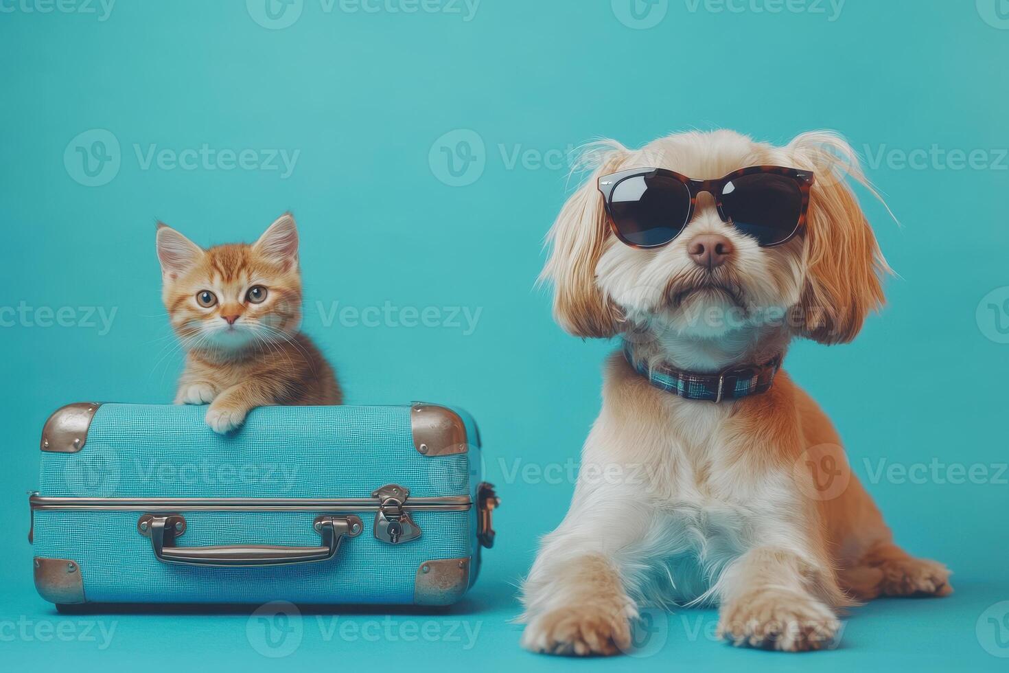A stylish puppy and playful kitten ready for adventure photo