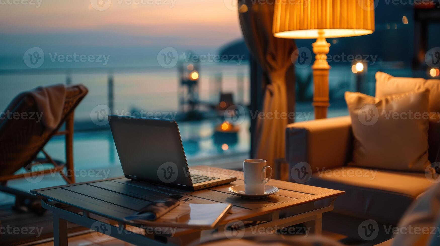 Tranquil Evening at the Oceanfront With a Laptop and a Cup of Coffee photo