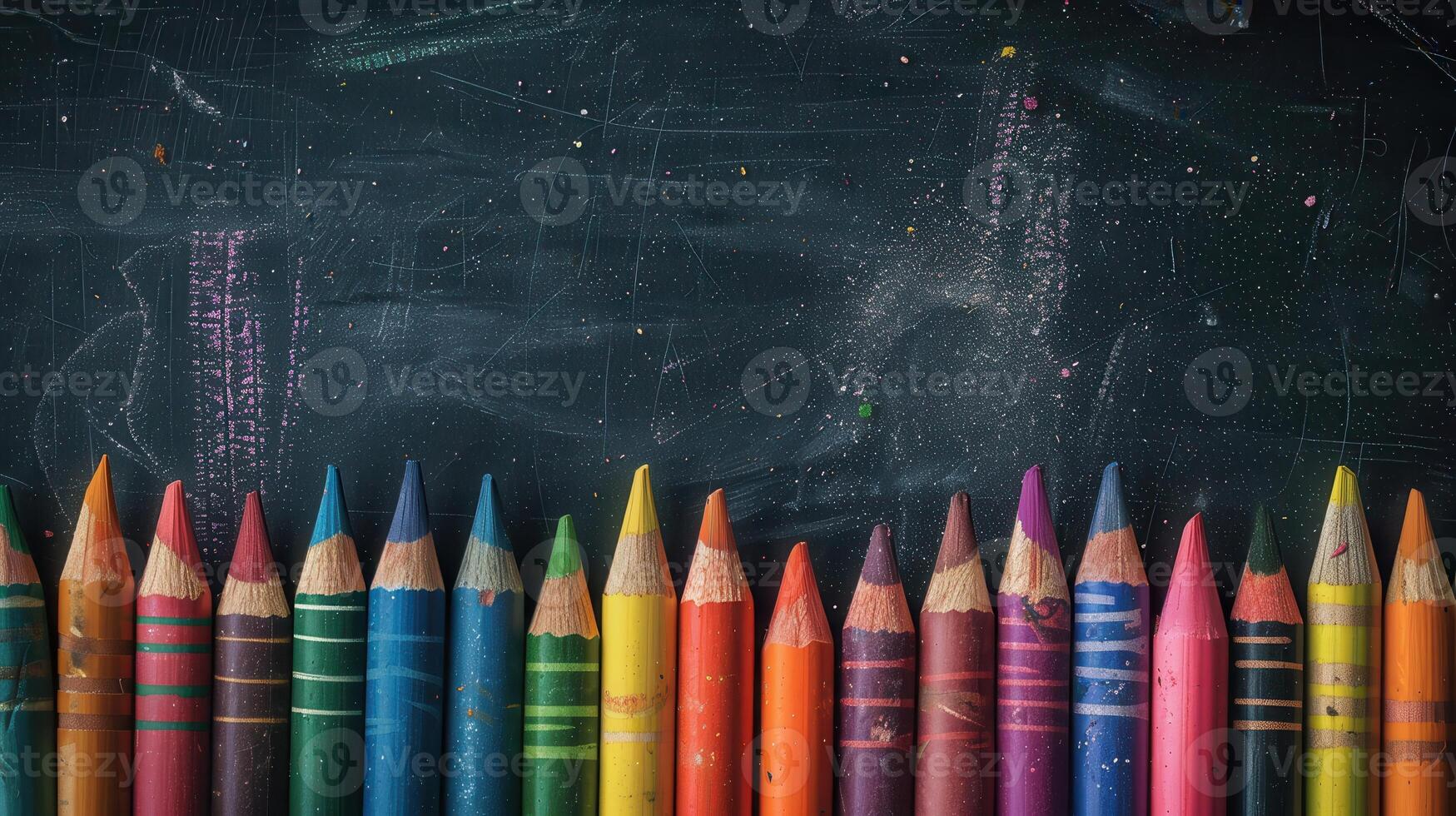 A Row of Colorful Pencils Await Inspiration on a Blackboard photo