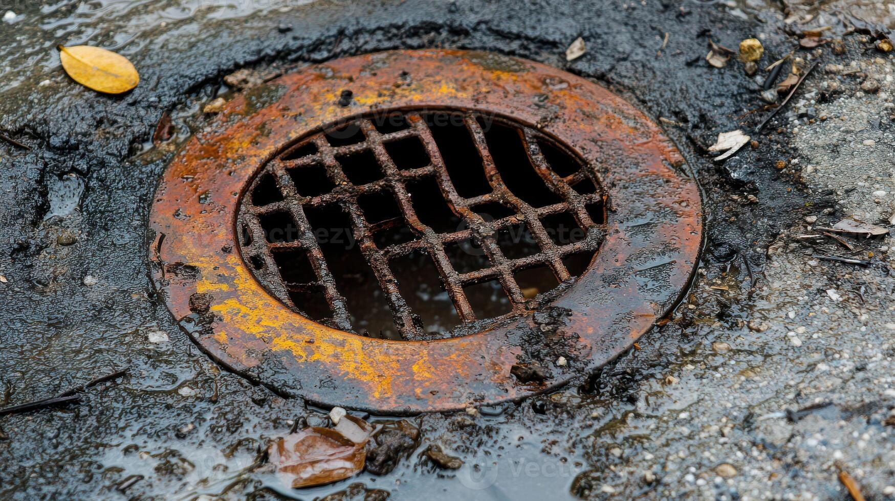 Broken drain cover on a sewer pipe with debris blocking the way. photo