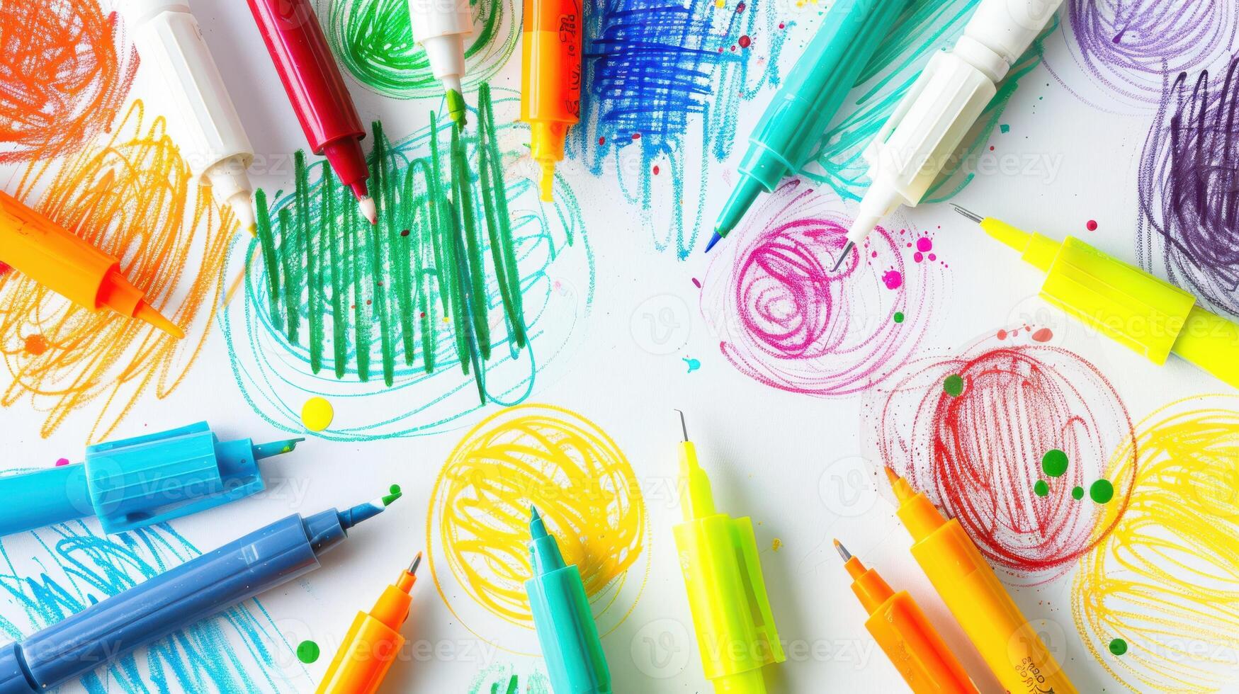A Colorful Symphony of Scribbles and Lines A Creative Explosion of Markers on Paper photo