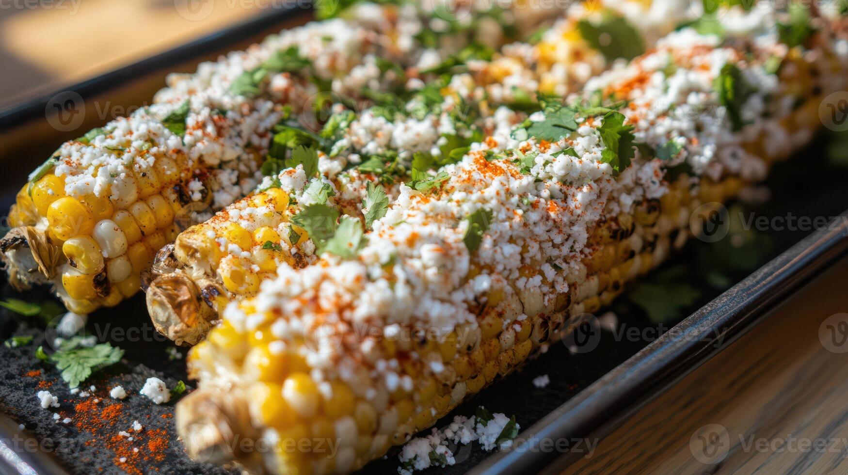Elote, a Mexican street corn topped with cotija cheese and cilantro. photo