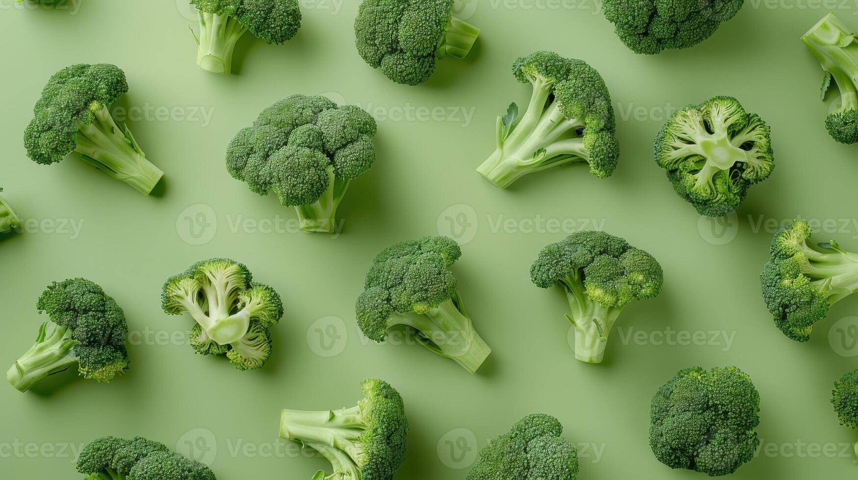 A Symphony of Green Fresh Broccoli Florets Arranged on a Vibrant Green Background photo