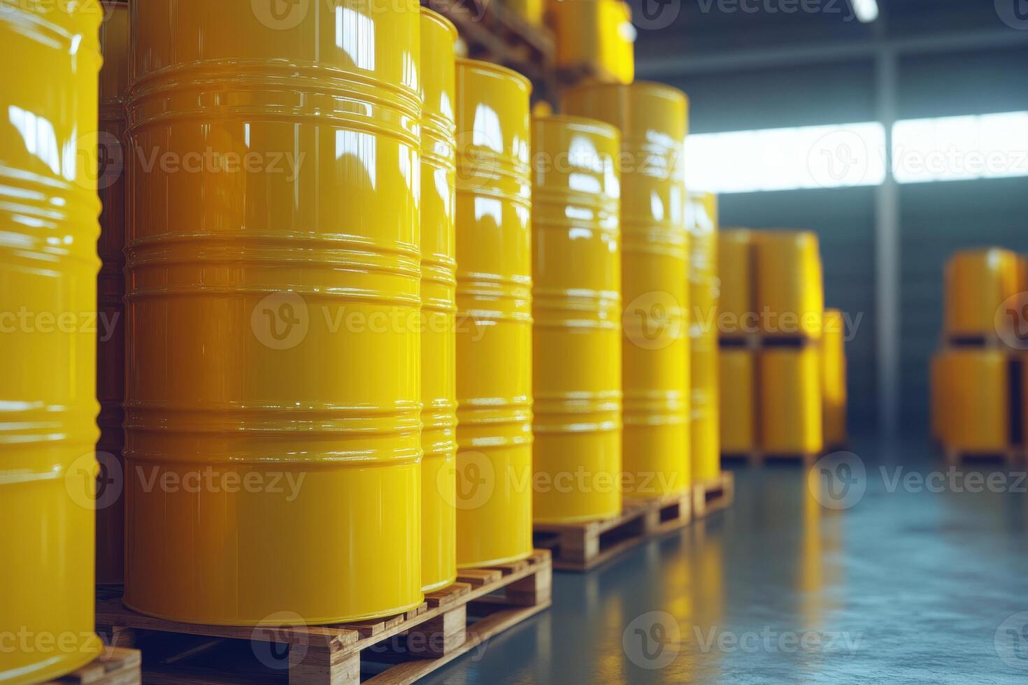 Vibrant yellow drums lined up in an industrial warehouse photo