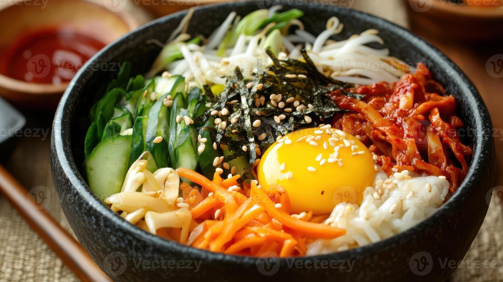 Flavorful bibimbap bowl adorned with a variety of toppings. photo
