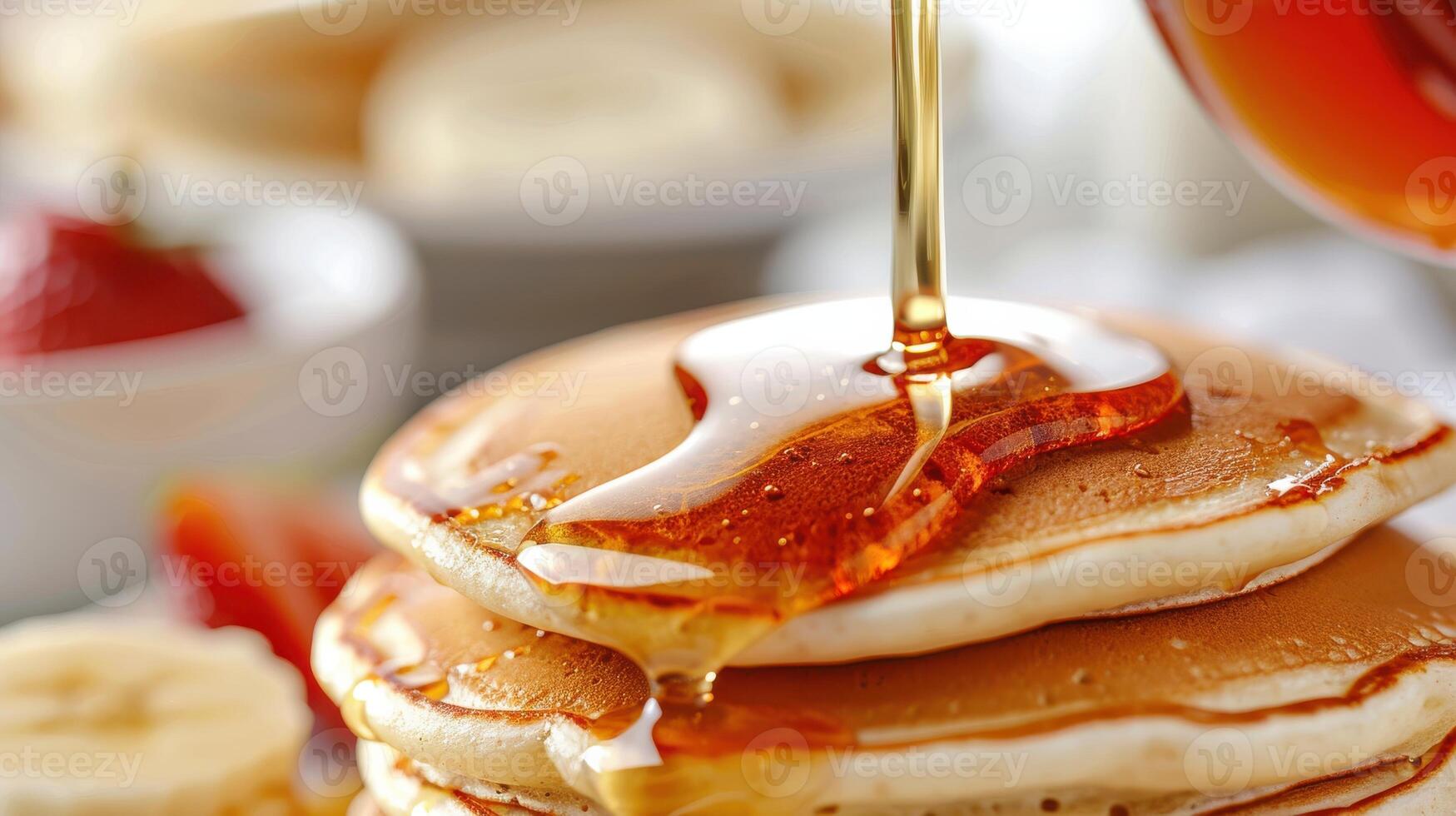 A Golden Syrup Waterfall Descends Upon Fluffy Pancakes photo