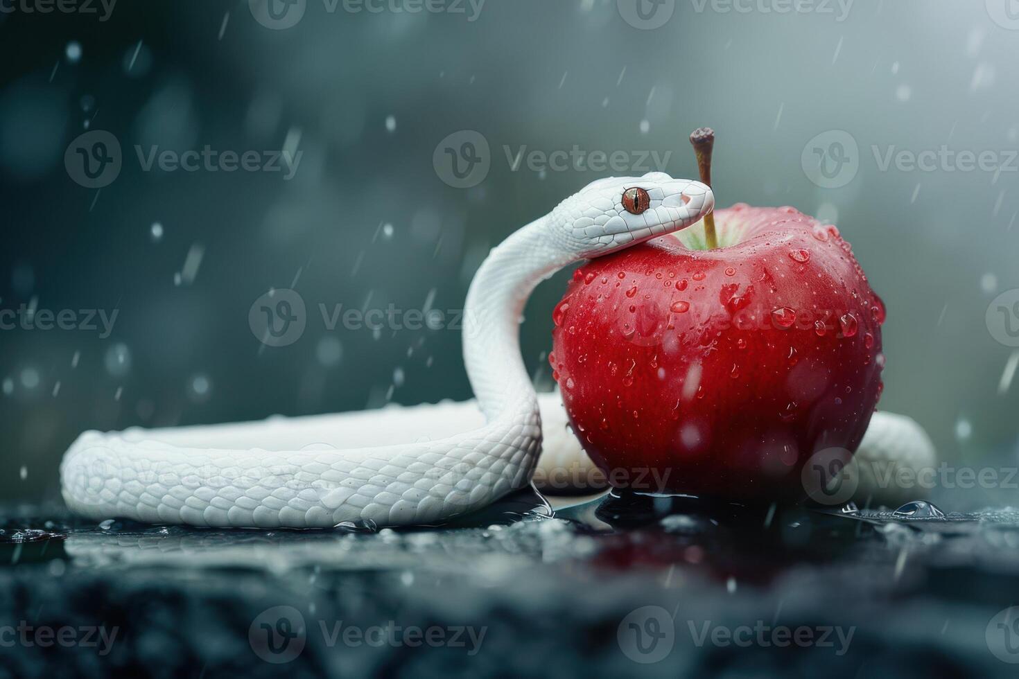 The Symbolic Image of a White Snake Circled Around an Apple in a Classic Narrative photo