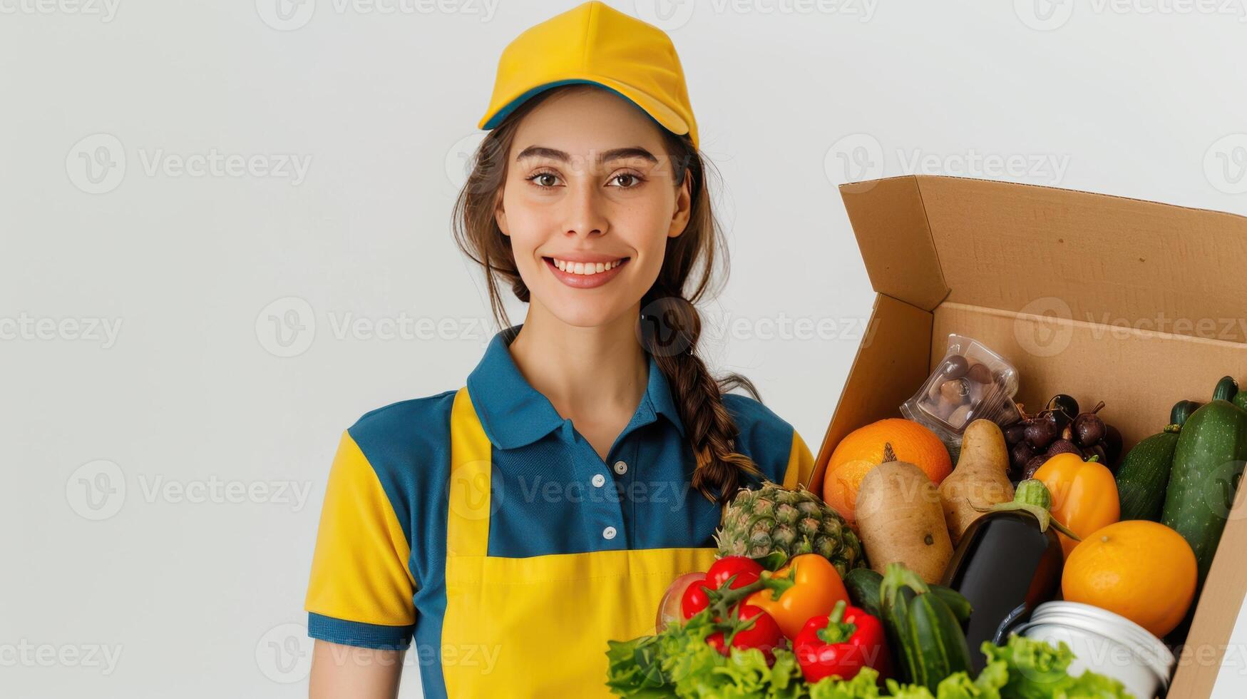A Cheerful Delivery Driver Holding a Box of Fresh Produce photo