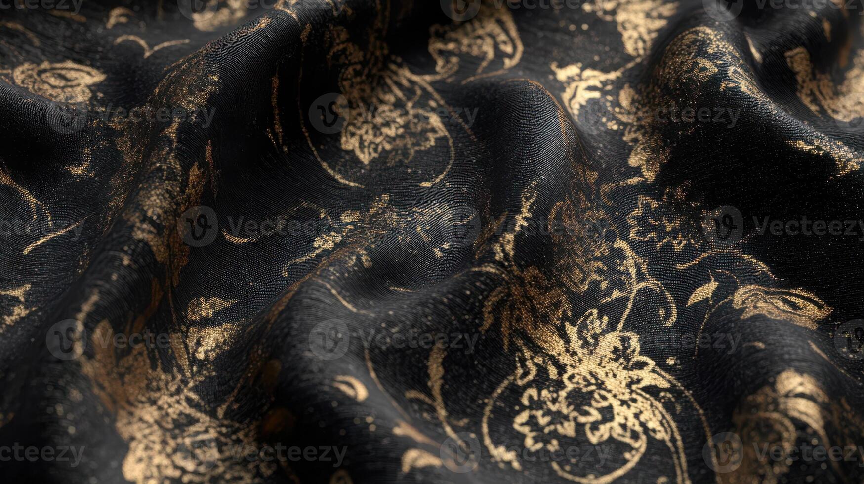Intricate Patterns Displayed on Elegant Black and Gold Fabric Waves photo