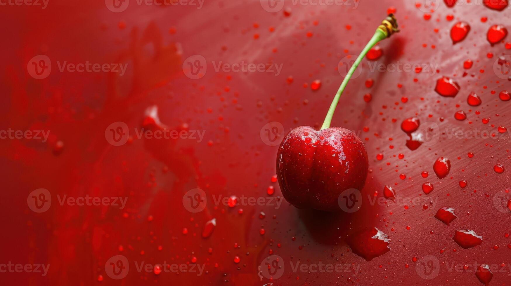 A Single Cherry, Glistening With Dew, Upon a Crimson Surface photo