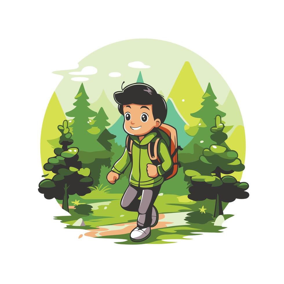 Boy hiking in the forest illustration vector