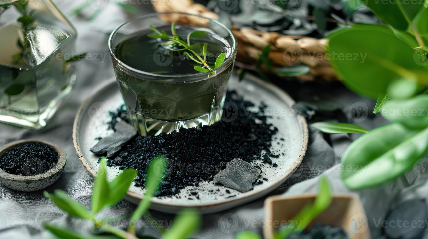 A Glass of Activated Charcoal Water Surrounded by Nature's Elements photo