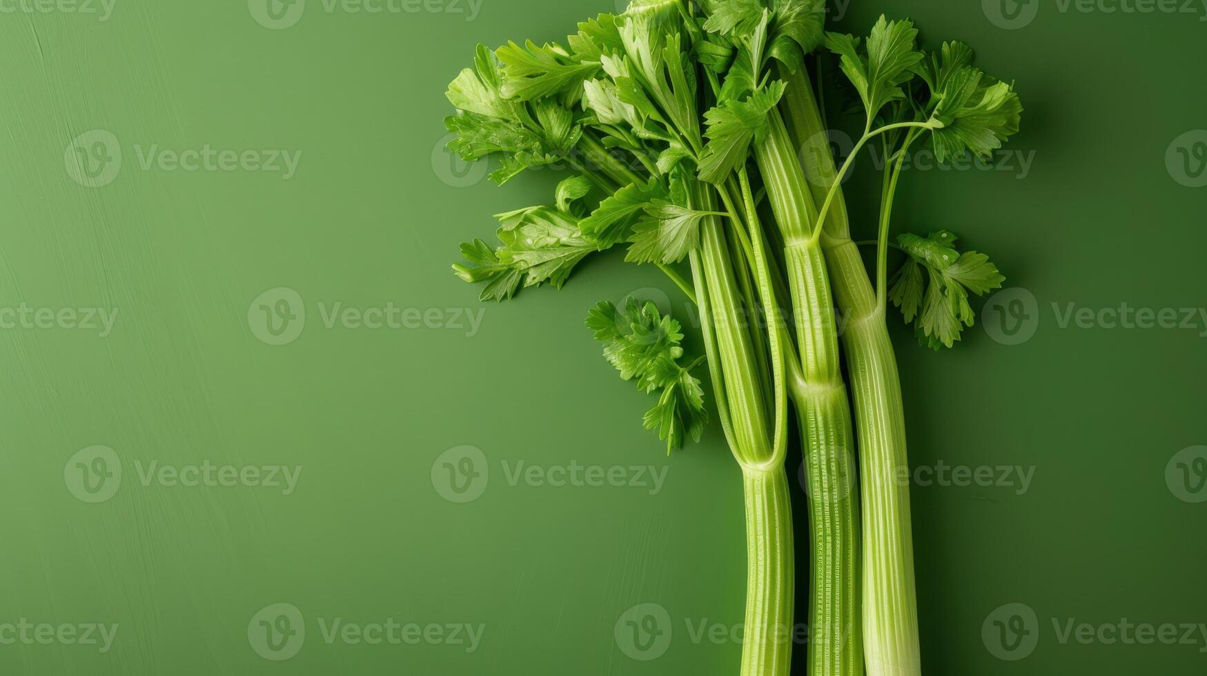 Fresh Green Celery Stalks Against a Vibrant Green Background photo