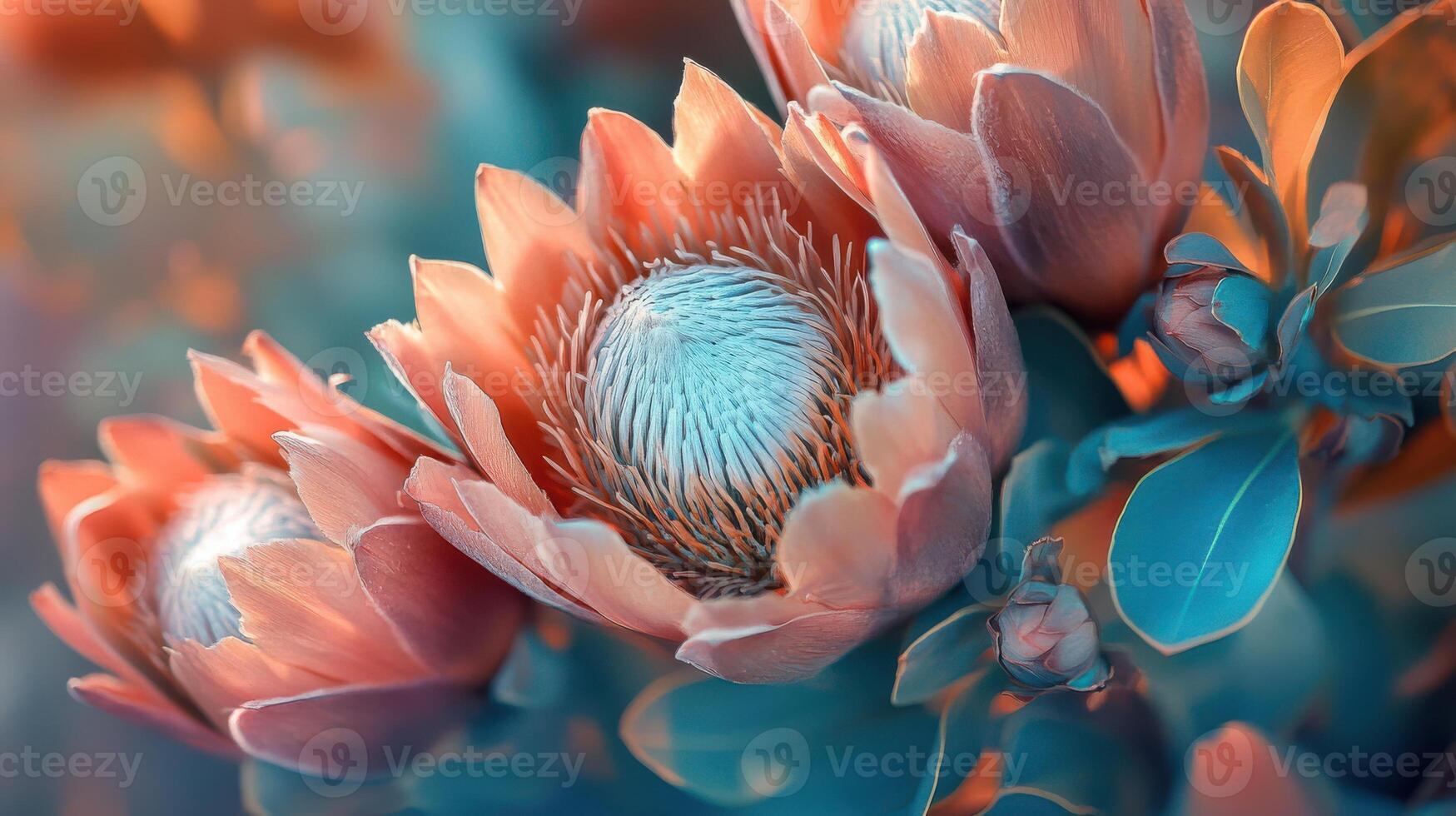 Ethereal charm of Australian protea flowers against a teal background. photo