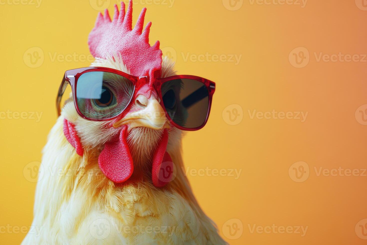 A stylish chicken wearing sunglasses against a bright backdrop photo