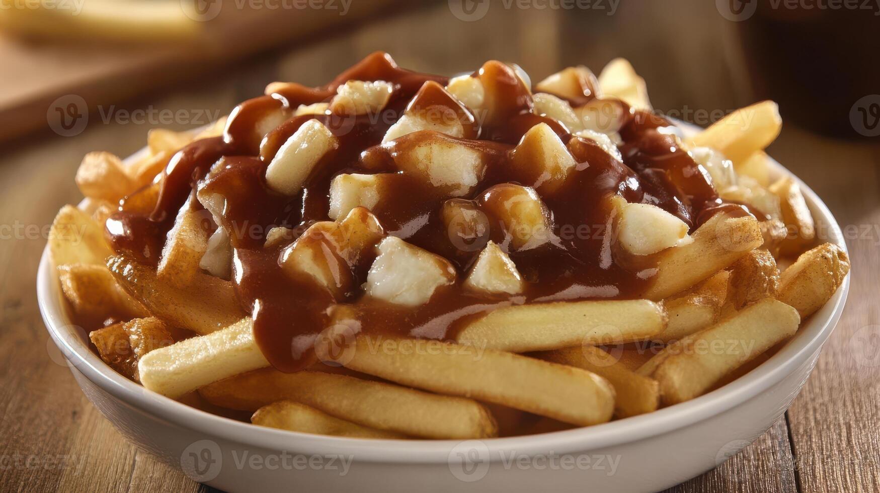 Detailed view of poutine, showcasing the signature Canadian comfort food. photo