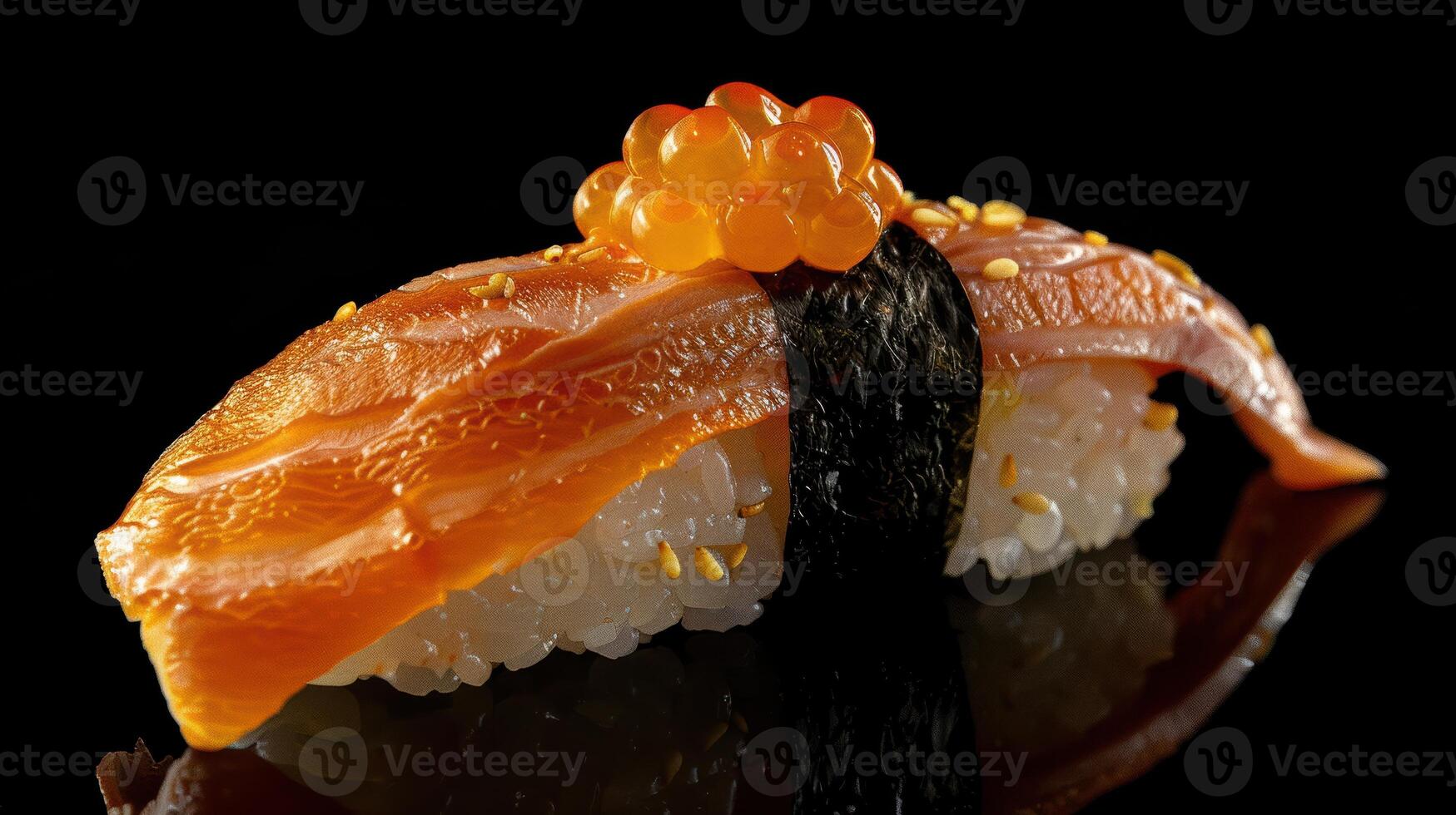 A Single Piece of Salmon Sushi Topped With Orange Caviar photo