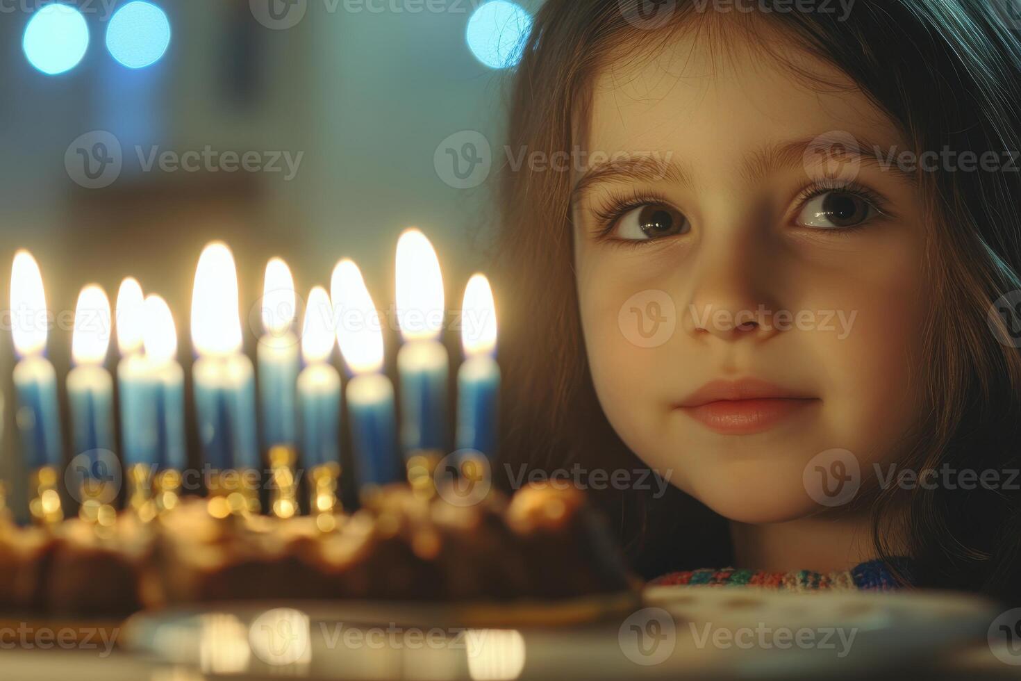 A young girl gazes at birthday candles with delight photo