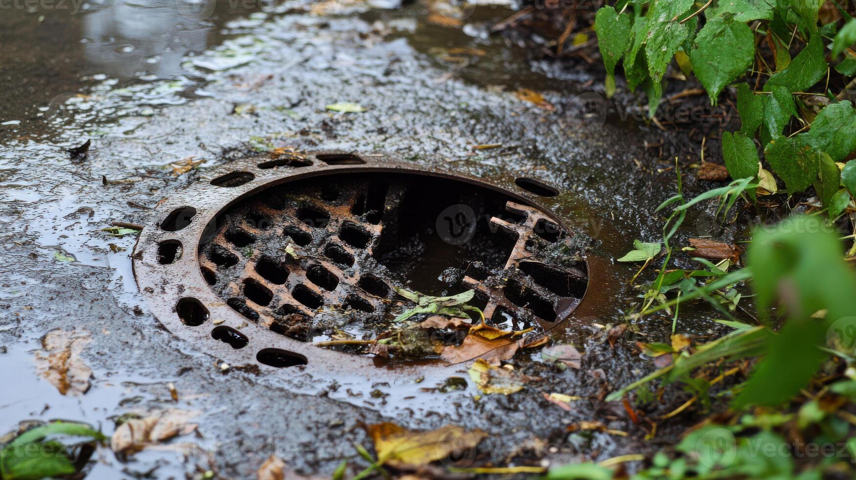 Broken drain cover on a sewer pipe with debris blocking the way. photo